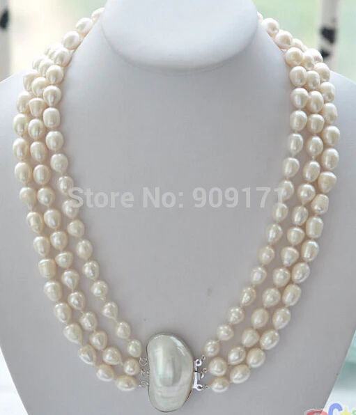 

FREE SHIPPING 3row 17-19" 8-10mm rice white Freshwater cultured pearl necklace mabe