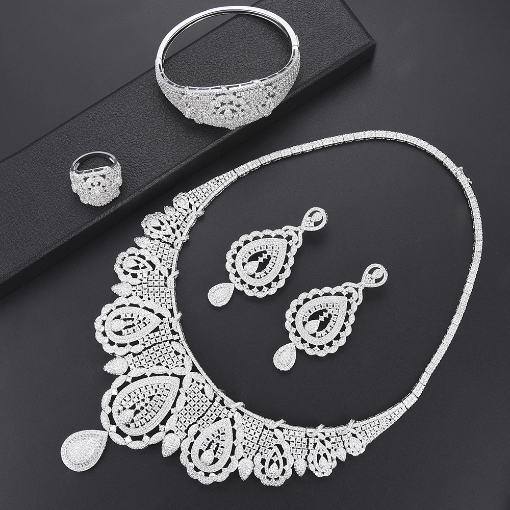 Luxury Waterdrop Hollow Cubic Zirconia african jewelry set Necklace Earrings Bangle Ring dubai jewelry sets For Women Wedding
Luxury Waterdrop Hollow Cubic Zirconia african jewelry set Necklace Earrings Bangle Ring dubai jewelry sets For Women Wedding
