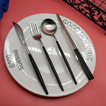 Hot 4pcs Black Silver Dinnerware 304 Stainless steel Knife Fork Spoon Chopsticks Cutlery Kitchen Food Tableware Flatware Set
Hot 4pcs Black Silver Dinnerware 304 Stainless steel Knife Fork Spoon Chopsticks Cutlery Kitchen Food Tableware Flatware Set