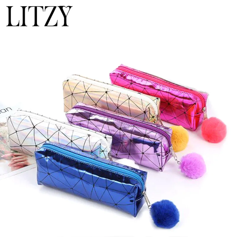 

Holographic Lridescent Laser School Pencil Case for Girls Boys PU Pencil Bag Cute Hairball Pencil Box School Stationery Supplies