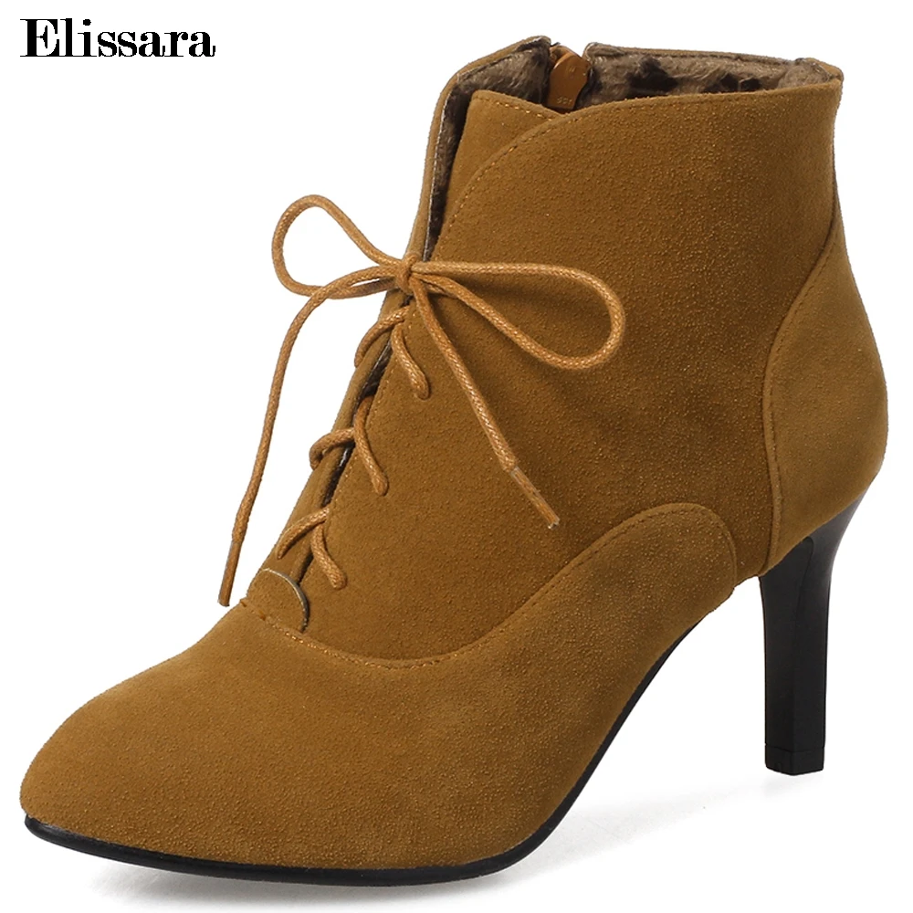 Elissara Women High Heels Ankle Boots Women Pointed Toe Sexy Snow Boots Lace Up Winter Women Boots Plus Size 32-45 
Elissara Women High Heels Ankle Boots Women Pointed Toe Sexy Snow Boots Lace Up Winter Women Boots Plus Size 32-45