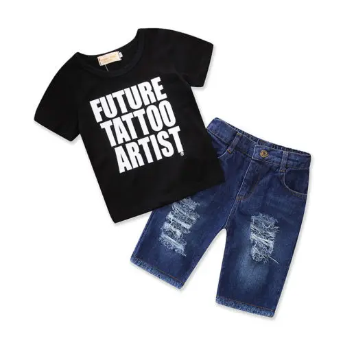 Топы для мальчиков футболка джинсовые рваные штаны джинсовая одежда Комплекты