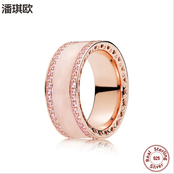 

2018 Spring NEW 100% S925 Silver Rose Gold Pink Enamel heart ring Fit European Original Brand panqiou Jewelry Wedding Ring