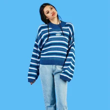 

2018 Designer Brand Retro Girl's Blue Hit Color Horizontal Stripes Wide Sleeves Embroidered UNIF Sweater