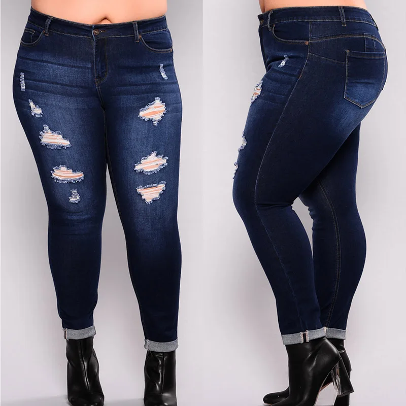 Women Plus Size 4XL 5XL Denim Pants Elastic Hole Skinny Jeans Pencil Pants Slim Stretch Destroyed Trousers For Ladies Sping 2019
Women Plus Size 4XL 5XL Denim Pants Elastic Hole Skinny Jeans Pencil Pants Slim Stretch Destroyed Trousers For Ladies Sping 2019