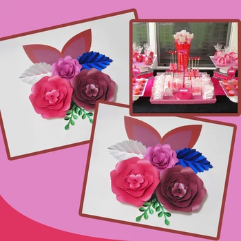 Diy 대형 거대한 종이 꽃 장미 fleurs 배경 3 pcs + 4 잎 + 아기 샤워를위한 2 귀 보육 어린이 생일 비디오
