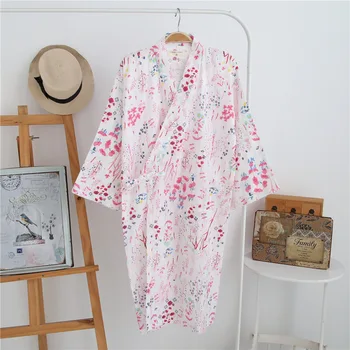 

Cotton Bathrobe Women Kimono Robe Long Sleeved Dressing Gown Nightwear Gauze Sauna Spa Yukata Abstract Painting Party Robes
