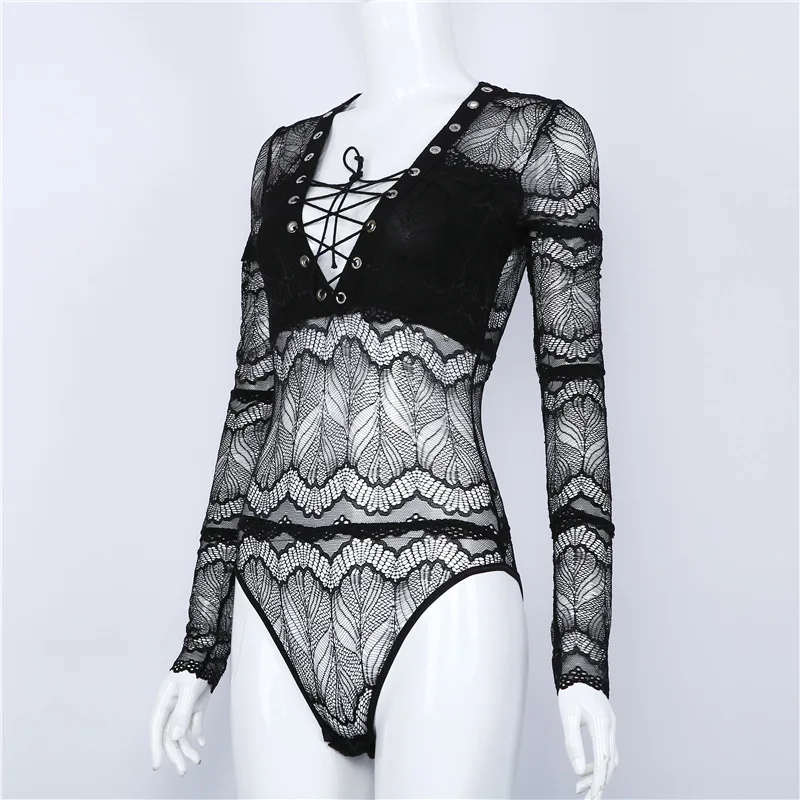 Women Lace-up Deep V transparent lacce bodysuit (13)