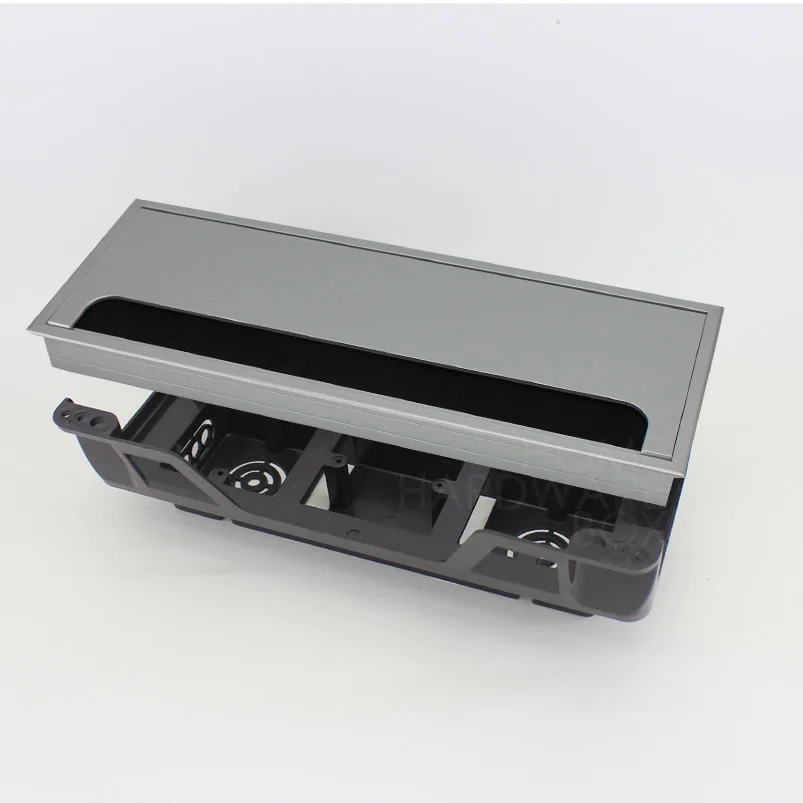 aluminum desk wire access table top hole flip cover dust brush with black plastic socket box 120x320mm
aluminum desk wire access table top hole flip cover dust brush with black plastic socket box 120x320mm