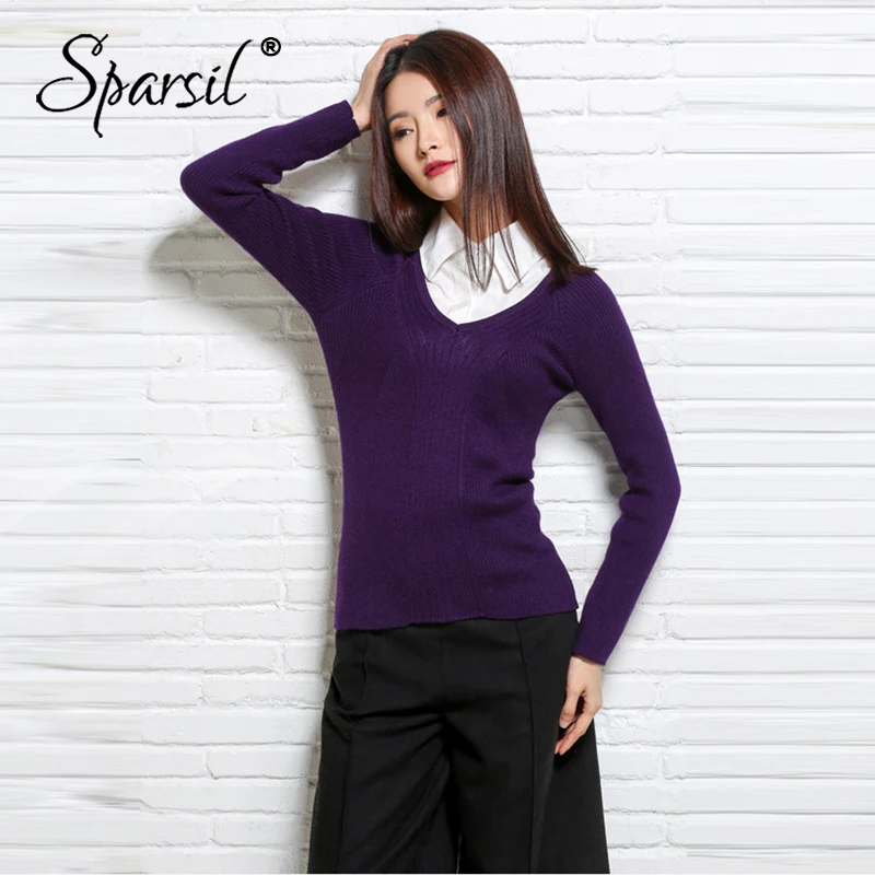 Sparsil 2018 Women Winter Wool Knitted Sweater Autumn V Neck Cashmere Solid Office Lady Casual Knit Female Pullover Sweater
Sparsil 2018 Women Winter Wool Knitted Sweater Autumn V Neck Cashmere Solid Office Lady Casual Knit Female Pullover Sweater