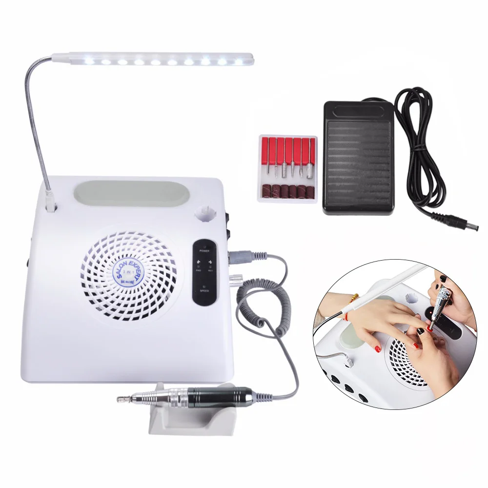 3 in 1 Electric Nail Drill Machine Nail Dust Collector Vacuum LED Light with 30000RRM Handpiece and Drill Bits
3 in 1 Electric Nail Drill Machine Nail Dust Collector Vacuum LED Light with 30000RRM Handpiece and Drill Bits