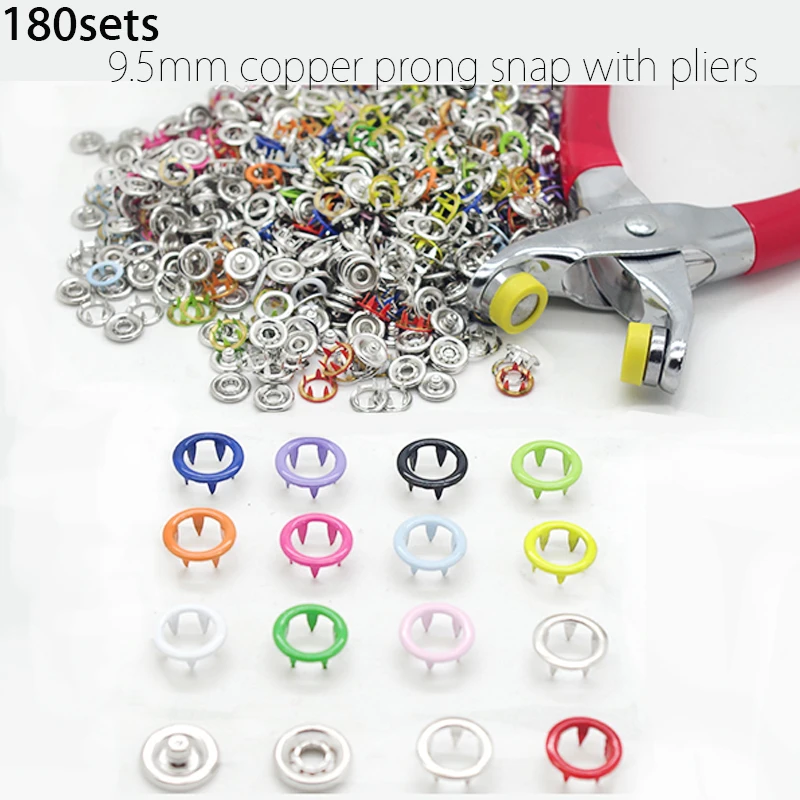 12 Colors 180Sets 9.5mm 16 Copper Prong Snap Buttons Combined Fastener & One Pliers For Prong Snaps Buttons Mixed Kit n m
12 Colors 180Sets 9.5mm 16 Copper Prong Snap Buttons Combined Fastener & One Pliers For Prong Snaps Buttons Mixed Kit n m
