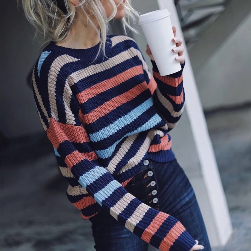 Striped Casual Knitted Sweater Women 2019 Autumn O-collar Long Sleeved Pullovers Sweaters Tops Women's Loose Sweater 
Striped Casual Knitted Sweater Women 2019 Autumn O-collar Long Sleeved Pullovers Sweaters Tops Women's Loose Sweater
