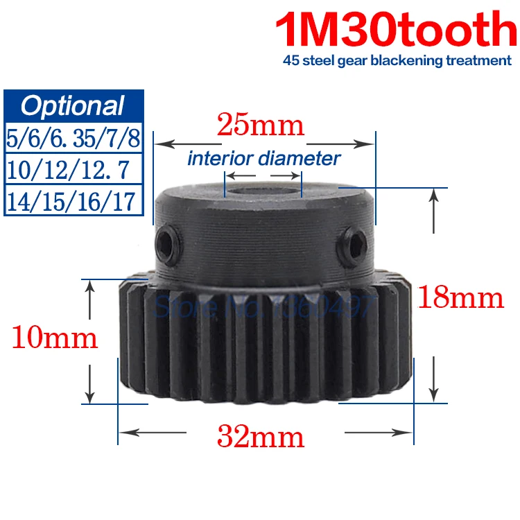 1 M Spur Gear pinion 30T 30Teeth(Inner hole 5mm/6/6.35/7/8/10/12/12.7/14/15/16/17mm) Right Teeth positive gear 45 steel gear
1 M Spur Gear pinion 30T 30Teeth(Inner hole 5mm/6/6.35/7/8/10/12/12.7/14/15/16/17mm) Right Teeth positive gear 45 steel gear