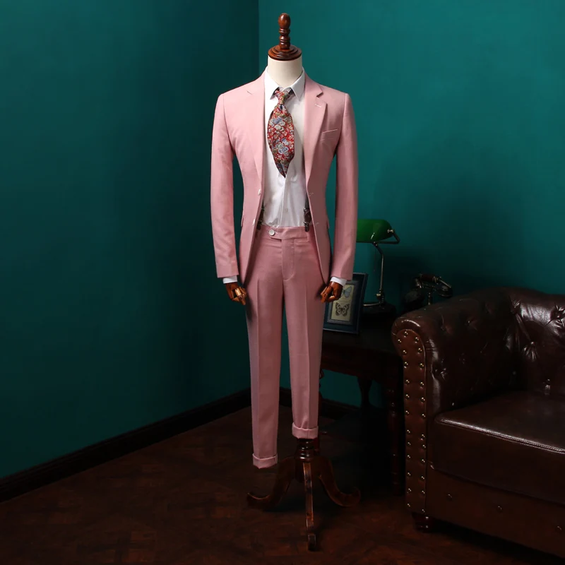 Image 2017 New Male Summer Pink Two piece Suit Men s Elegant Linen Suits Man Blazer For Wedding Groom Jacket and Short Pants CBTZ21