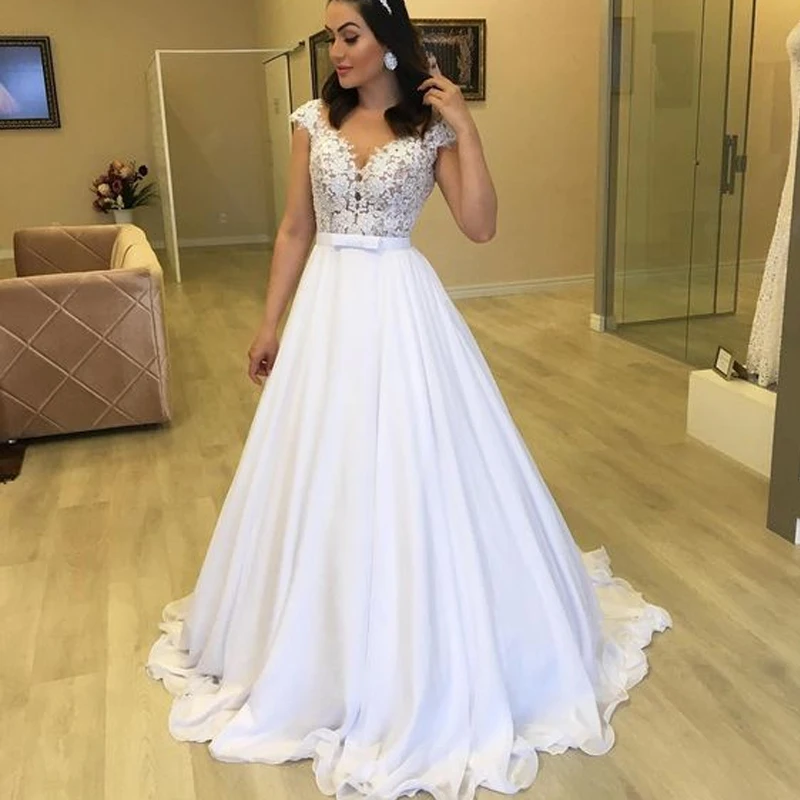 DZW573 Wedding Dress 2019 Cap Sleeve A-Line Chiffon Appliques Lace Princess Bride Dress Arabic Wedding Gown White Custom made
DZW573 Wedding Dress 2019 Cap Sleeve A-Line Chiffon Appliques Lace Princess Bride Dress Arabic Wedding Gown White Custom made