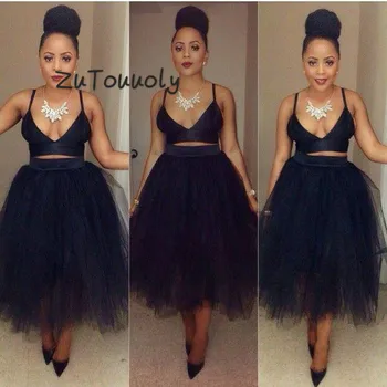 Sexy African Evening Dress A Line Spaghetti Straps Tea Length Tulle Two Pieces Prom Dresses Plus Size Formal Evening Gowns 2019 
Sexy African Evening Dress A Line Spaghetti Straps Tea Length Tulle Two Pieces Prom Dresses Plus Size Formal Evening Gowns 2019
