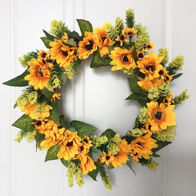 

16 Inch Artificial Sunflower Summer Wreath European Sunflower Green Leaves Front Door Indoor Wall Decorative Flower Wreath