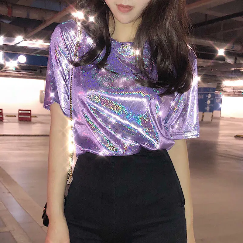 Holographic Short Sleeve O-Neck Women T-Shirt Top Pink Female Short T-Shirts Tee Solid 2019 Summer Sexy Lady Club Tops For Show
Holographic Short Sleeve O-Neck Women T-Shirt Top Pink Female Short T-Shirts Tee Solid 2019 Summer Sexy Lady Club Tops For Show