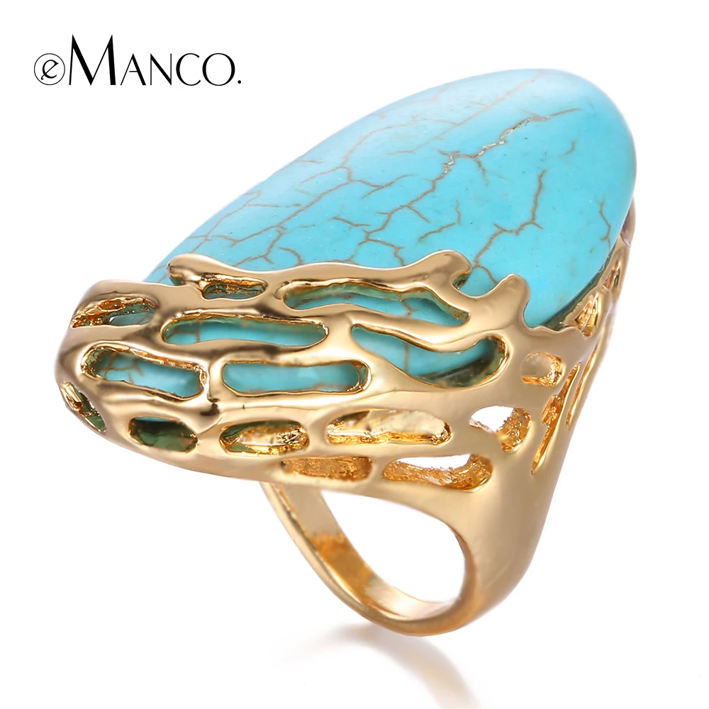 eManco RG0043 Hollow-Out Gold Plated Zinc Alloy Ring for Women w/ Blue Turquoise