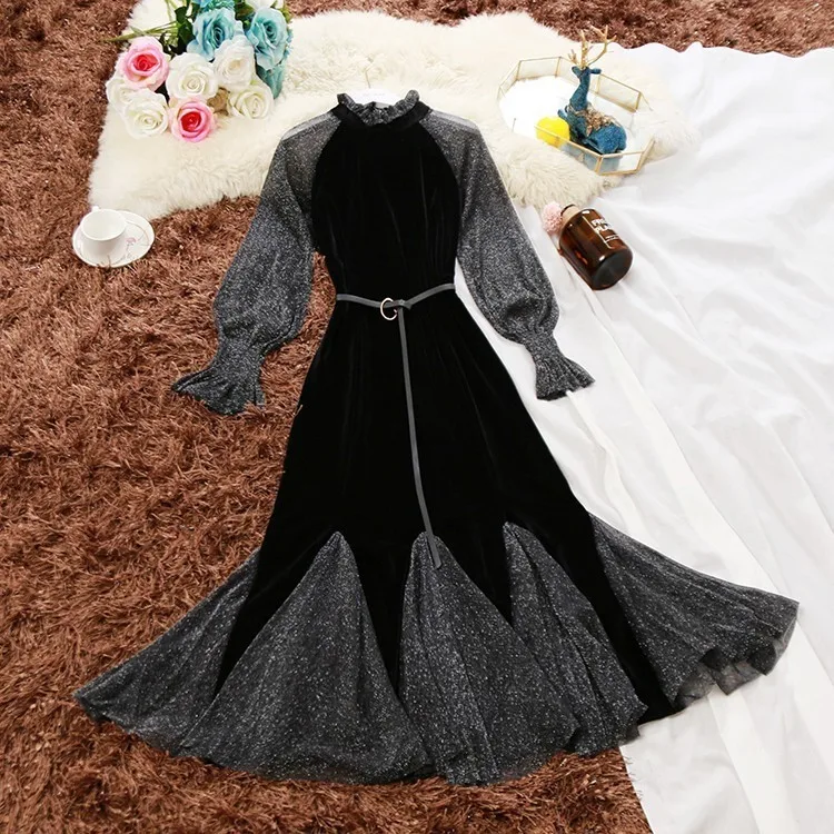 2019 spring new women high collar flare sleeve bring silk velvet stitching mesh mermaid dress female fishtail dresses
2019 spring new women high collar flare sleeve bring silk velvet stitching mesh mermaid dress female fishtail dresses