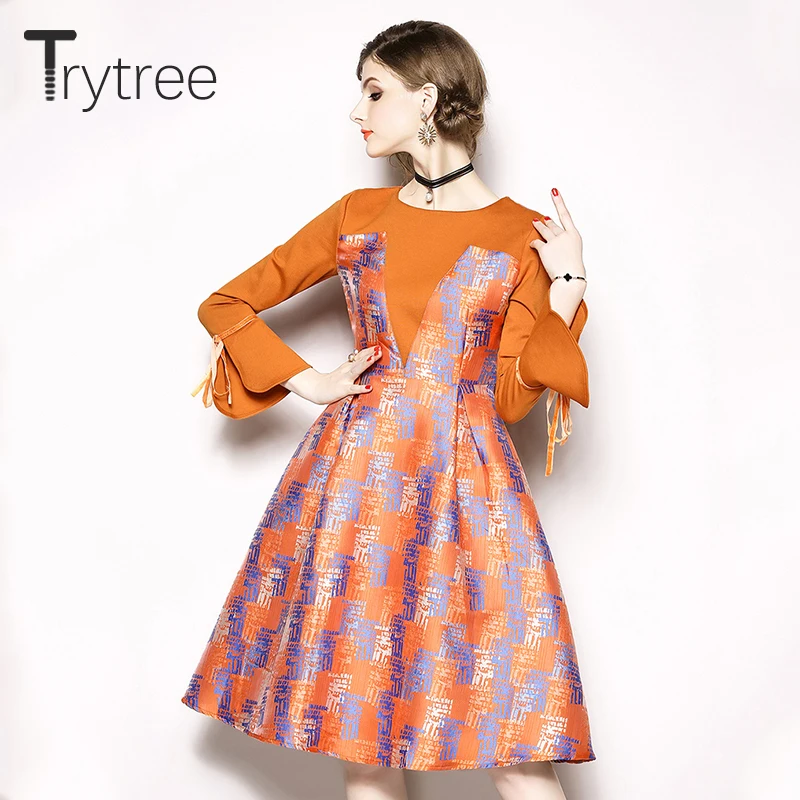 Trytree Summer Autumn High Street Square Collar shirt Dress Women Bow Flare Sleeve Patchwork A-line Knee-Length Casual Dresses | Женская