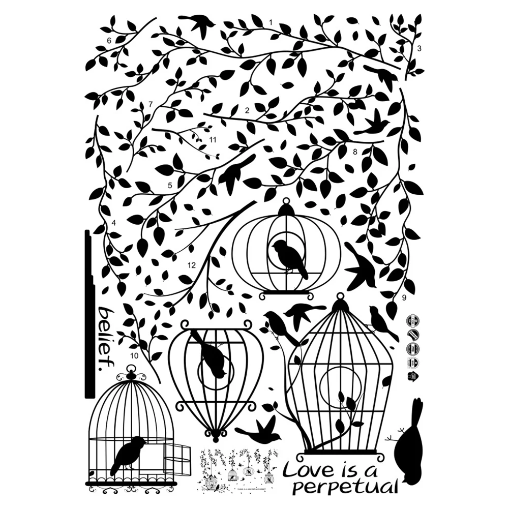 Black birds cage leaves quote wall sticker