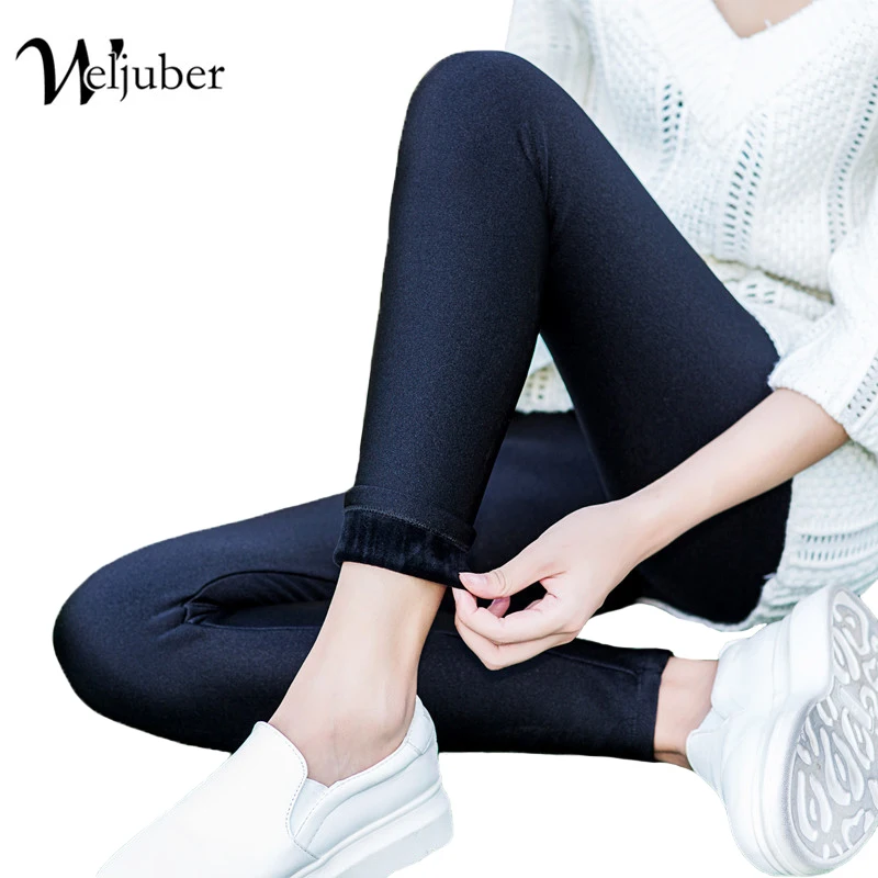 Image Weljuber 2017 Winter Women Black Leather pu Leggings Explosion Models Thick Velvet Slim Leggings Warm High Elastic Pant