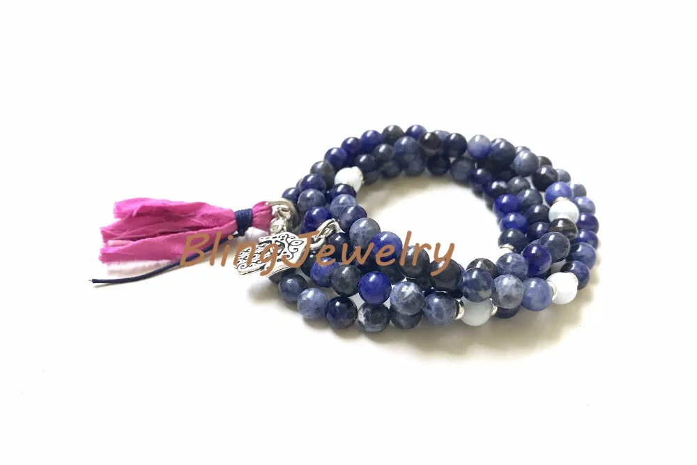 N17082543 Sodalite Mala Bead Wrap Bracelet, Mala Necklace For Self Acceptance, Aquamarine Mala, 108 Mala Bead On Stretch Cord, Sari Silk Tassel Mala6 (11)