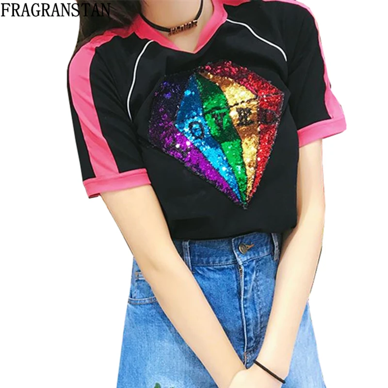 Women 2018 New Fashion Letter Diamond Sequins Black T-shirt Casual Slim Summer Tops Short Sleeve O-Neck Cotton Tshirts LY529 
Women 2018 New Fashion Letter Diamond Sequins Black T-shirt Casual Slim Summer Tops Short Sleeve O-Neck Cotton Tshirts LY529