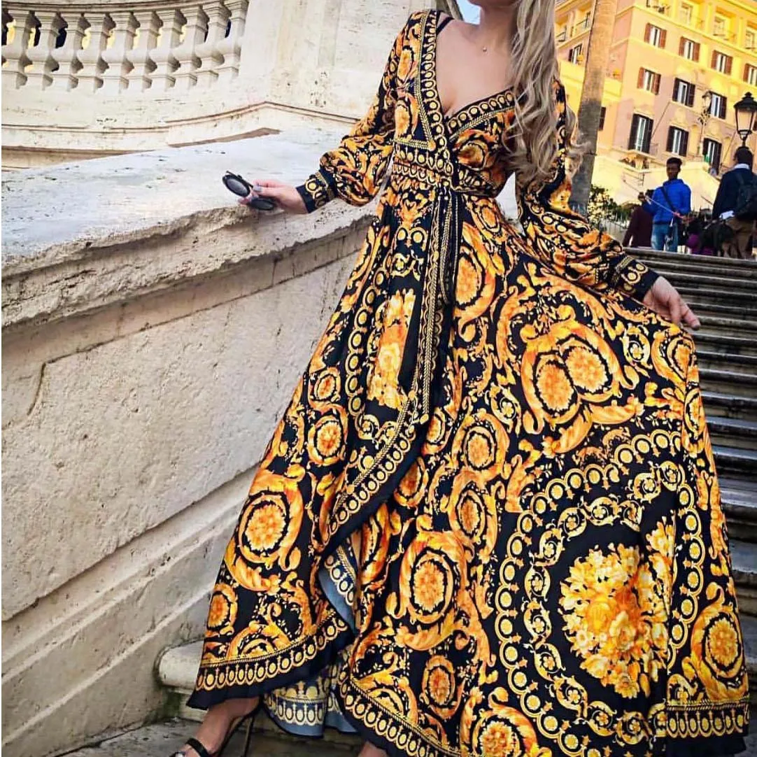 Sexy Print Split Bohemian Beach Dresses Long Sleeve V Neck Maxi Runway Dress Spring Vestido South Africa Dress
Sexy Print Split Bohemian Beach Dresses Long Sleeve V Neck Maxi Runway Dress Spring Vestido South Africa Dress