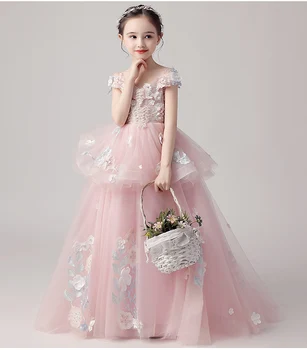 custom made pink flower lace girl Pengpeng girls dress