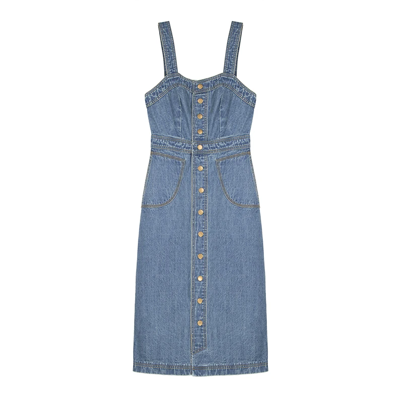PERHAPS U blue denim button strap sleeveless button sheath button midi dress summer D0553
PERHAPS U blue denim button strap sleeveless button sheath button midi dress summer D0553