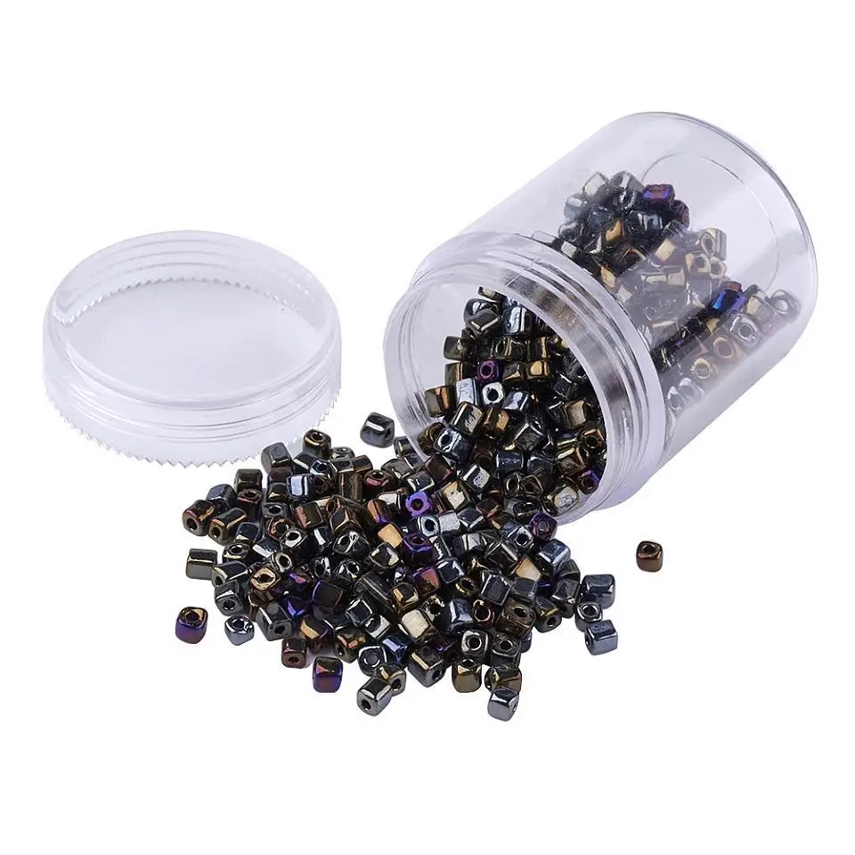 6/0 Plated Glass Seed Beads, Round Hole, Cube, Black Plated, 3~7x3x3mm, Hole: 0.5mm; about 400pcs/box
6/0 Plated Glass Seed Beads, Round Hole, Cube, Black Plated, 3~7x3x3mm, Hole: 0.5mm; about 400pcs/box