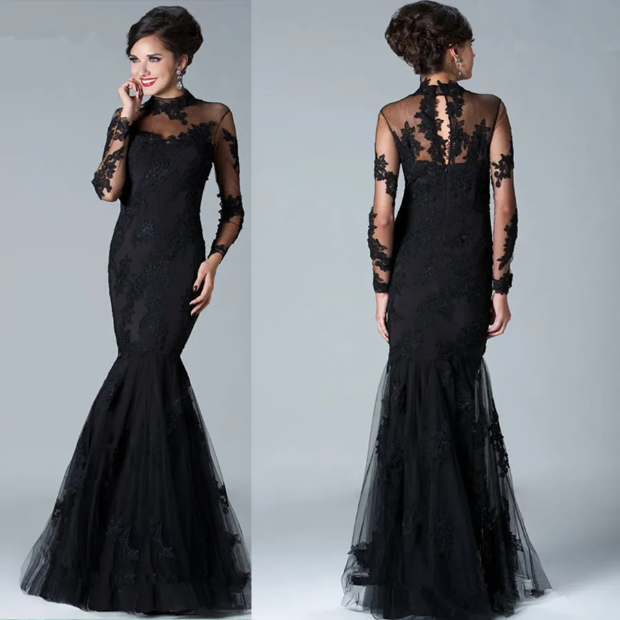 2015 Gorgeous Black Appliqued Lace Trumpet Evening Dresses High Neck Long Sleeve Floor-length Tulle Prom Gowns Dress
2015 Gorgeous Black Appliqued Lace Trumpet Evening Dresses High Neck Long Sleeve Floor-length Tulle Prom Gowns Dress