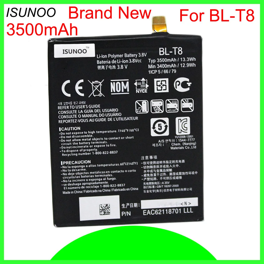 ISUNOO 5pcs/lot 3500mAh BL-T8 Battery for LG G Flex F340S D950 D955 D958 D959 LS995 BLT8 Battery
ISUNOO 5pcs/lot 3500mAh BL-T8 Battery for LG G Flex F340S D950 D955 D958 D959 LS995 BLT8 Battery