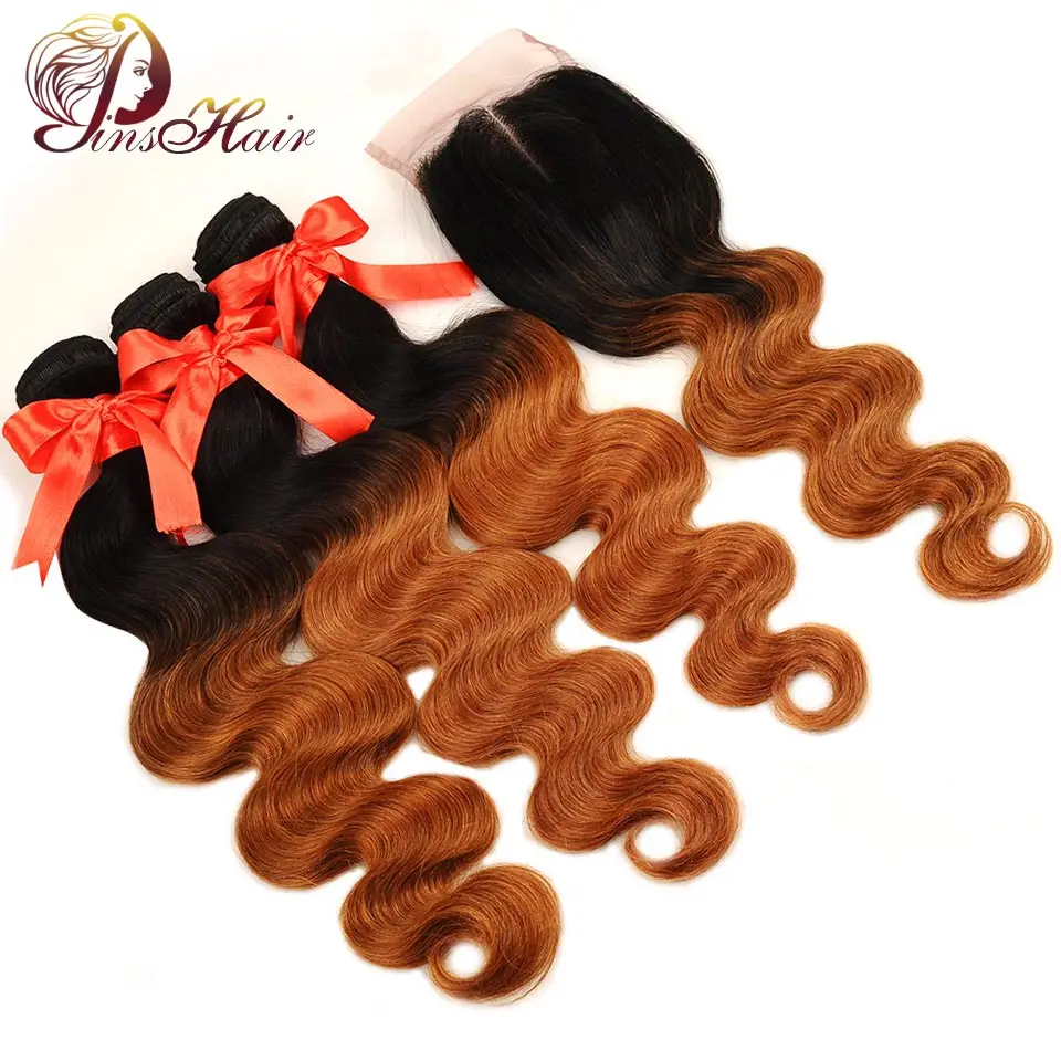 Pinshair Brazilian Ombre Human Hair Bundles With Closure 1B 30 Body Wave 3 Bundles Hair Weave With Middle Part Closure Non Remy (2)
