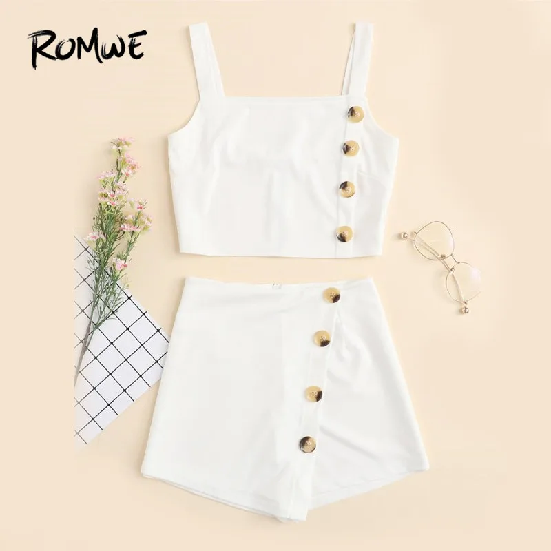 ROMWE Button Detail Solid Cami Top With Shorts White Sleeveless Spaghetti Strap Girls Set Summer Plain Casual Women Sets
ROMWE Button Detail Solid Cami Top With Shorts White Sleeveless Spaghetti Strap Girls Set Summer Plain Casual Women Sets