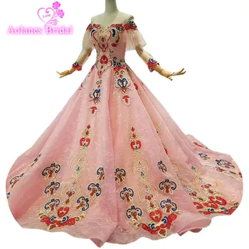 2018 Pink Lace Three Quarter Sleeves Strapless Evening Dress Court Train Ball Gown Off The Shoulder Illusion Party Prom Dresses
2018 Pink Lace Three Quarter Sleeves Strapless Evening Dress Court Train Ball Gown Off The Shoulder Illusion Party Prom Dresses