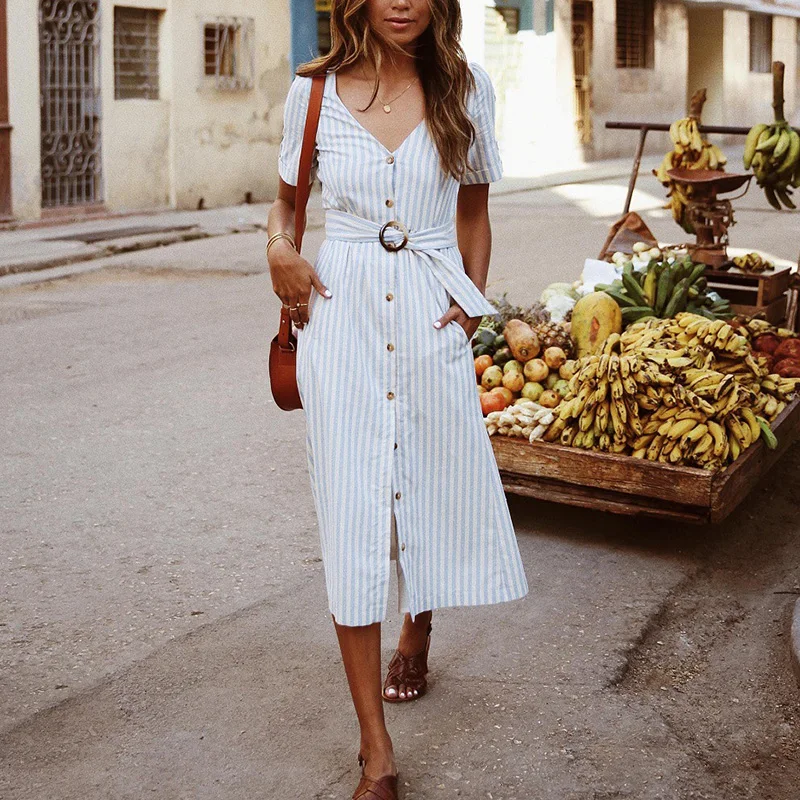 women summer short sleeve stripe single breasted slim fashion dress with sash office ladies casual sexy v neck dress SJ2619E
women summer short sleeve stripe single breasted slim fashion dress with sash office ladies casual sexy v neck dress SJ2619E