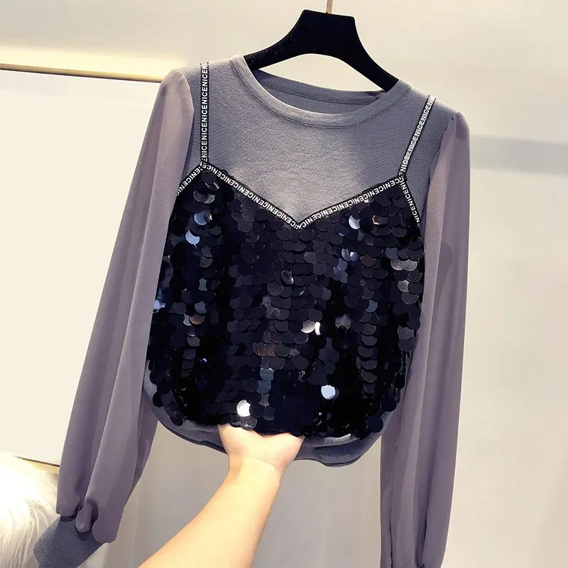 Mferlier Women Blouses O Neck Long Lantern Sleeve Letter Print Sequined Fake Two Piece All Match Chic Winter Ladies Blouses
Mferlier Women Blouses O Neck Long Lantern Sleeve Letter Print Sequined Fake Two Piece All Match Chic Winter Ladies Blouses