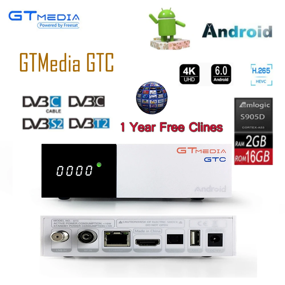 Freesat GTC decoder DVB-S2 DVB-C DVB-T2 Amlogic S905D android 6.0 TV BOX 2GB 16GB +1 Year cccam Satellite TV Receiver set tv box
Freesat GTC decoder DVB-S2 DVB-C DVB-T2 Amlogic S905D android 6.0 TV BOX 2GB 16GB +1 Year cccam Satellite TV Receiver set tv box
