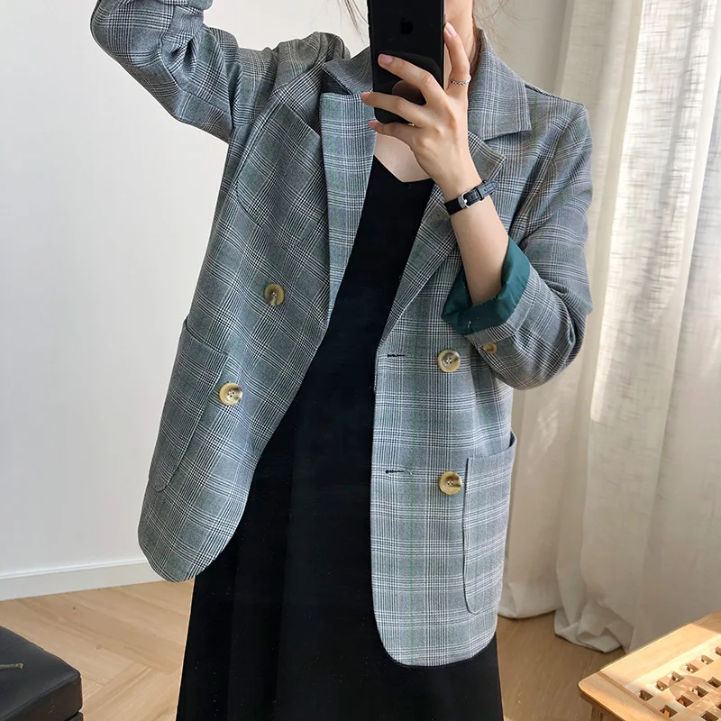 Luxi Lattice Small Suit Loose Coat Woman Autumn Blazer Flavor Student Man's Jacket 1905 | Женская одежда
