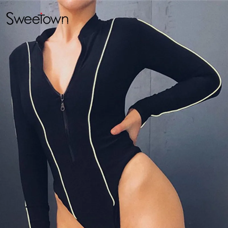 Sweetown Black Long Sleeve Women Bodysuit Autumn Winter Striped Patchwork Zipper Turtleneck Slim Sexy Bodycon Bodysuit Romper
Sweetown Black Long Sleeve Women Bodysuit Autumn Winter Striped Patchwork Zipper Turtleneck Slim Sexy Bodycon Bodysuit Romper