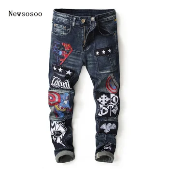 European American Fashion Streetwear Men's Jeans Blue Color Carton Hero Patches Punk Jeans Men Brand Designer Hip Hop Jeans
European American Fashion Streetwear Men's Jeans Blue Color Carton Hero Patches Punk Jeans Men Brand Designer Hip Hop Jeans