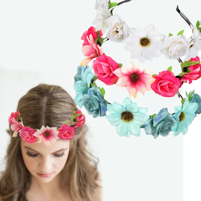 Фото Романтические женские богемные цветочные повязки на голову вечерние свадебные