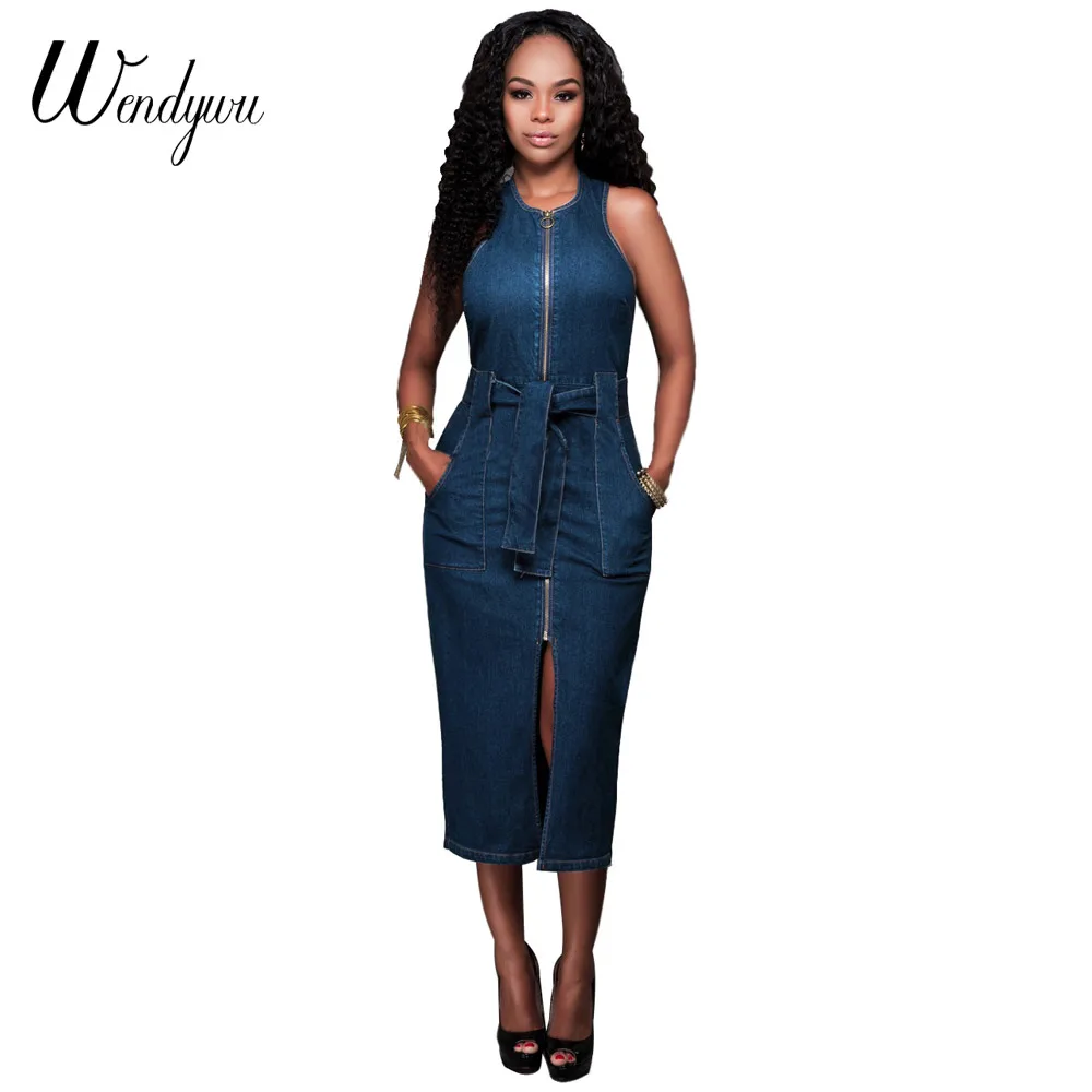 Wendywu Novelty Casual Sleeveless Front Split Blue Denim Mid-Calf Pencil Dress with Sashes
Wendywu Novelty Casual Sleeveless Front Split Blue Denim Mid-Calf Pencil Dress with Sashes