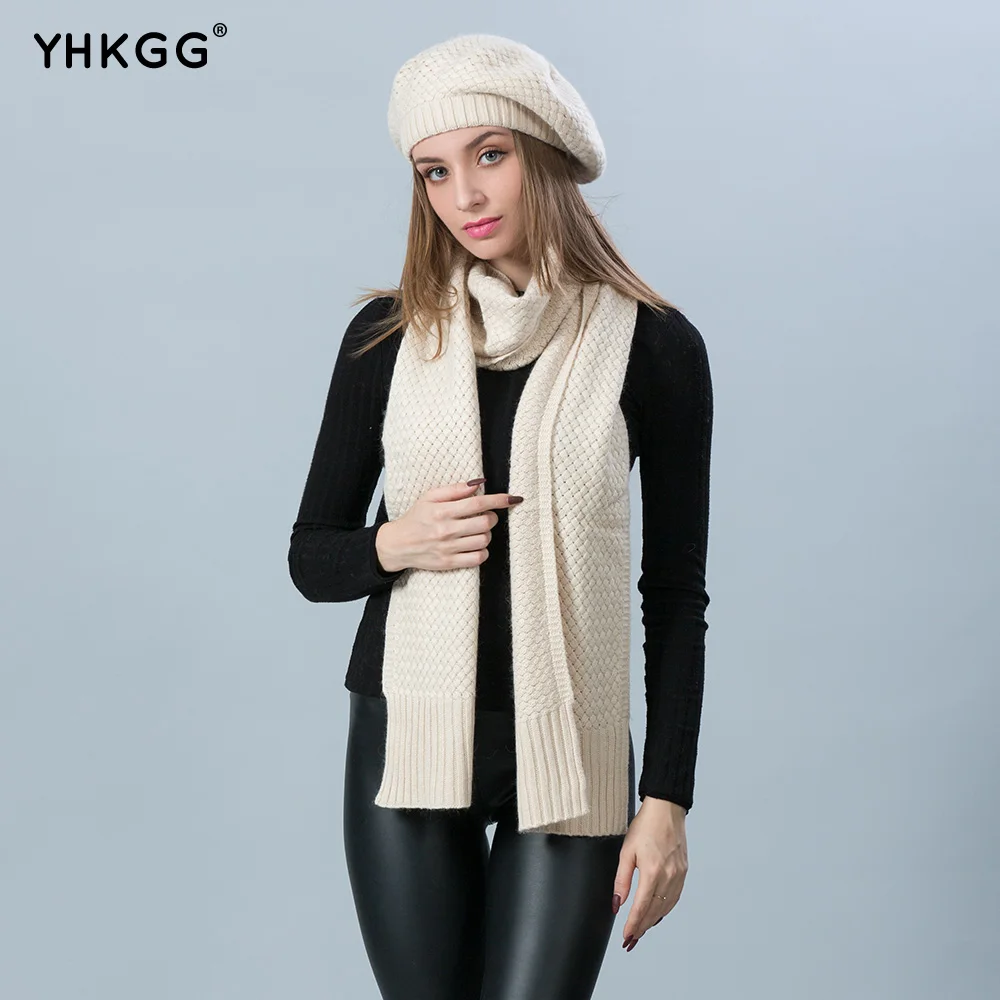 YHKGG Autumn Winter Wool Knitted Hat Scarf Set For Women Cap Collar Warm Thick Flower Fleece Beret Caps | Аксессуары для одежды