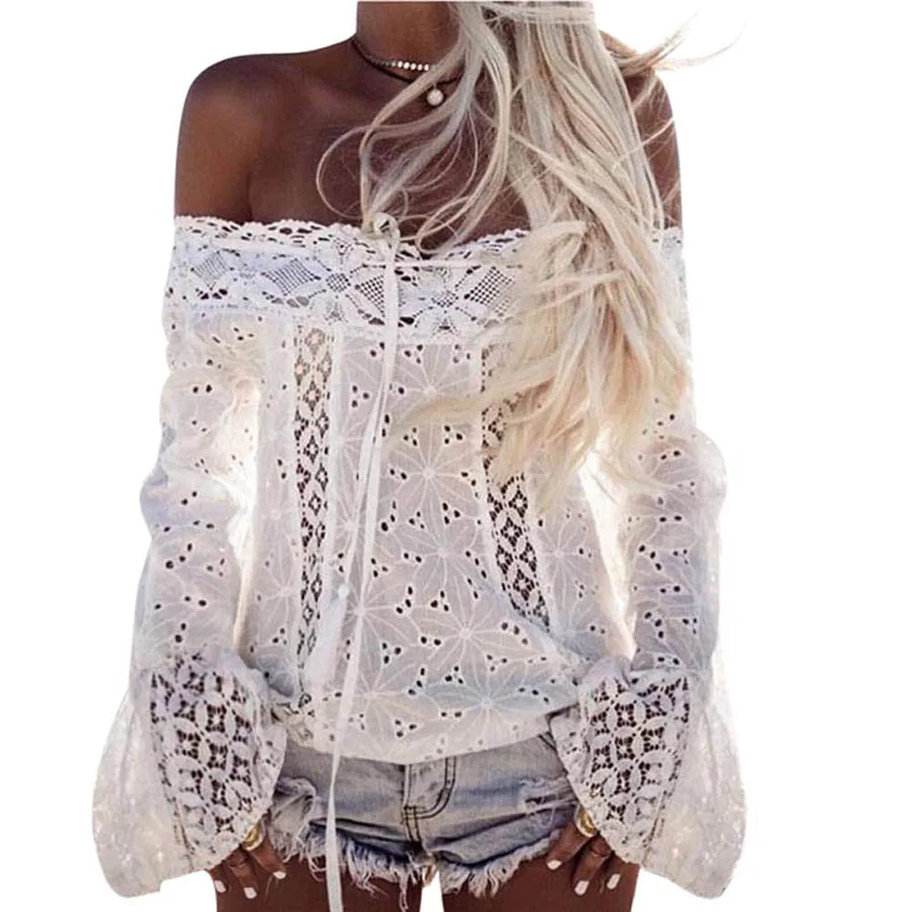Hot Selling Women's White Lace Blouses Summer Ladies Fashion Long Flare Sleeve Off Shoulder Shirts Women Casual Tops Blouse #YL
Hot Selling Women's White Lace Blouses Summer Ladies Fashion Long Flare Sleeve Off Shoulder Shirts Women Casual Tops Blouse #YL