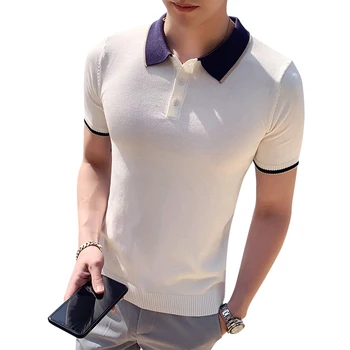 

2019 summer social youth Slim short-sleeved Paolo shirt trend men's youth hair stylist casual solid color shirt